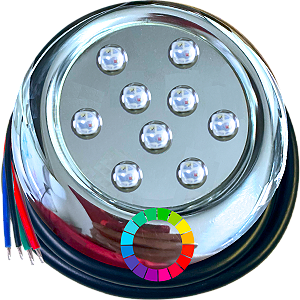 Luminária Refletor INOX P/ Piscinas RGB 12w 12v IP68 80mm Rosca 1/2 21mm Prova D’água