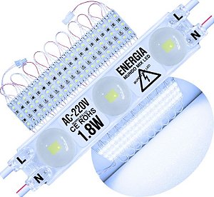 Módulo LED 2835 AC 220V 1,5W Branco Frio 8.000K CHIP independente 3-LEDs IP67 Direto Na Energia Injetado Lente 170º 227V P/ Luminosos