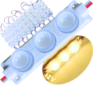 módulo led mega lente 3030 3w 12v 3-leds branco quente 3000k ip67 12volts 60º Injetado para letreiros