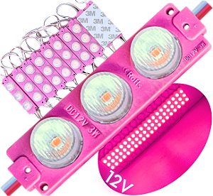 módulo led mega lente 3030 3w 12v 3-leds rosa pink ip67 12volts 60º Injetado para letreiros