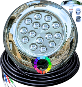 Luminária P/ Piscinas 18W LUZ RGB 12V IP68 125mm 4IN1 1/2 3/4 A Prova D’água Aço Inox Cabo 3mts