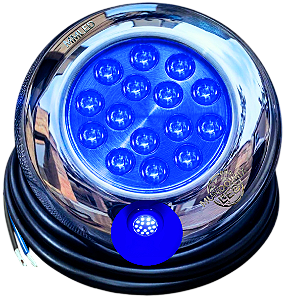 Luminária Refletor INOX 18W AZUL ROYAL 12v IP68 125mm 3IN1 Liso Rosca 1/2 3/4 P/ Piscinas Prova D’água Cabo 3mts
