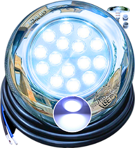 Luminária Refletor INOX 18W BRANCO FRIO 12v IP68 125mm 3IN1 Liso Rosca 1/2 3/4 P/ Piscinas Prova D’água Cabo 3mts