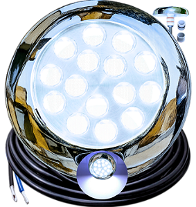 Luminária Refletor INOX 18W BRANCO FRIO 12v IP68 125mm 3IN1 Liso Rosca 1/2 3/4 P/ Piscinas Prova D’água Cabo 3mts