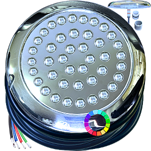 Luminária Refletor RGB 35W 12V INOX P/ Piscinas Lagos IP68 125mm Rosca Pressão 1/2 3/4 16mm 21mm 25mm A Prova D’água IP68
