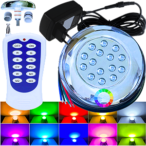 KIT 01 Refletor LED RGB Piscina 18W INOX 1/2 3/4 + Cabo 3MTS + Fonte Com Controlador RF Integrada