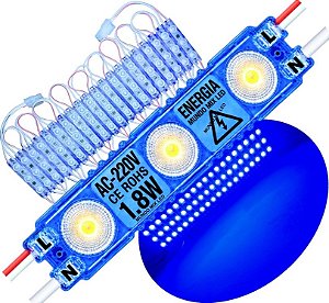 Módulo LED 2835 AC 220V 1,5W AZUL Royal CHIP independente 3-LEDs IP67 Direto Na Energia Injetado Lente 170º 227V P/ Luminosos