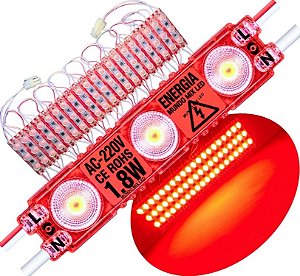 Módulo LED 2835 AC 220V 1,5W VERMELHO Puro CHIP independente 3-LEDs IP67 Direto Na Energia Injetado Lente 170º 227V P/ Luminosos