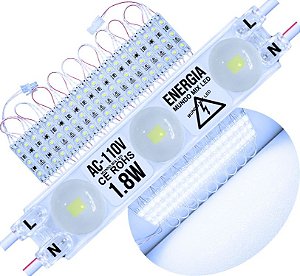 Módulo LED 2835 AC 110V 1,5W Branco FRIO 8.000K CHIP independente 3-LEDs IP67 Direto Na Energia Injetado Lente 170º 127V P/ Luminosos