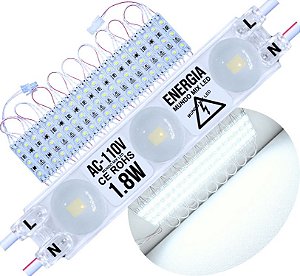 Módulo LED 2835 AC 110V 1,5W Branco PURO 6.000K CHIP independente 3-LEDs IP67 Direto Na Energia Injetado Lente 170º 127V P/ Luminosos