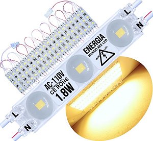 Módulo LED 2835 AC 110V 1,5W Branco QUENTE 3.000k CHIP independente 3-LEDs IP67 Direto Na Energia Injetado Lente 170º 127V P/ Luminosos