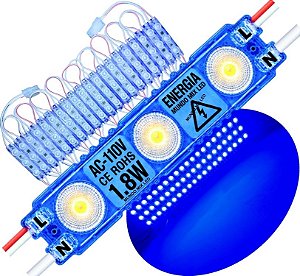 Módulo LED 2835 AC 110V 1,5W AZUL Royal CHIP independente 3-LEDs IP67 Direto Na Energia Injetado Lente 170º 127V P/ Luminosos