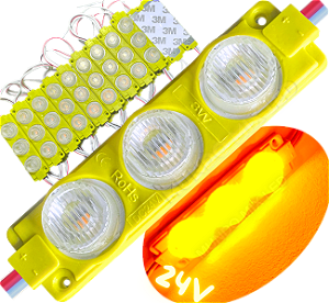Módulo LED Mega Lente 24V 3030 3W Amarelo Âmbar 3-LEDs 8cm IP67 Super LED 24Volts C/ Lente 60º Injetado P/ Caminhão Ônibus