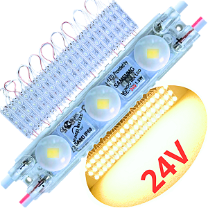 Módulo LED Coreano (( 24V )) 2835 1,5W IP68 6,5cm Branco Quente 3000k 24Volts 3-LEDs Mini injetado Lente 160º