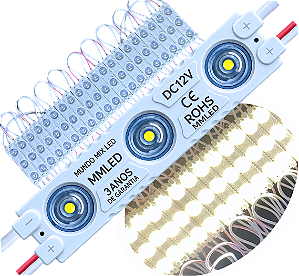 Módulo LED 7030 1,5W 3-LEDs COREANO IP68 Branco Morno 4000k Premium 12V Com Lente 180º Injetado P/ Letras Caixas Caixas - 03 ANOS DE GARANTIA