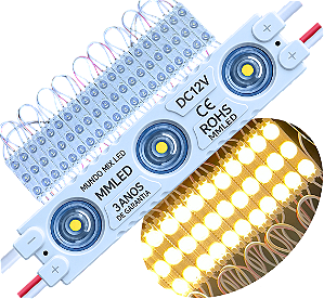 Módulo LED 7030 1,5W 3-LEDs COREANO IP68 Premium Branco Quente 3000k 12V Com Lente 180º Injetado P/ Letras Caixas Caixas - 03 ANOS DE GARANTIA
