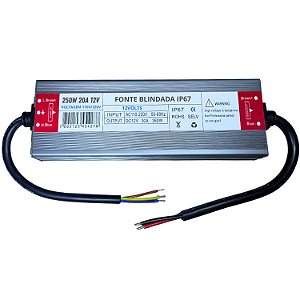 Fonte Blindada VM FN 250W 12V 20A 01 Fio IP67 Prova Dagua 110V-220V P/ Leds Cftv