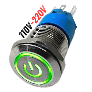Chave Botão 110V/220V 19MM COM TRAVA VERDE Bivolt ON OFF inox Metal Liga Desliga Universal