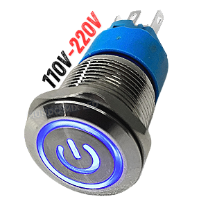Chave Botão 110V/220V 19MM COM TRAVA AZUL Bivolt ON OFF inox Metal Liga Desliga Universal