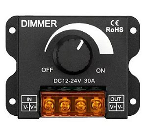 DIMMER Rotativo 360W 30A 12V / 24V Comando Analógico P/ Fita LEDs 12V 24V de Cor única