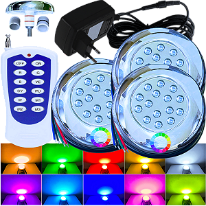 KIT 03 Refletor LED RGB Piscina 3X 18W Cada INOX 1/2 3/4 + Cabo 3MTS + Fonte Com Controlador RF Integrada