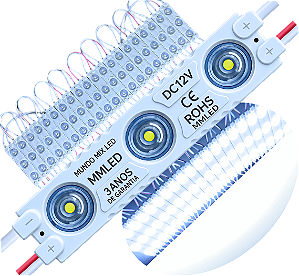 Módulo LED 7030 1,5W 3-LEDs COREANO IP68 Branco FRIO 6500k Premium 12V Com Lente 180º Injetado P/ Letras Caixas Caixas - 03 ANOS DE GARANTIA