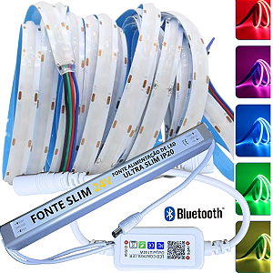Fita LED RGB COB 24V Analógica 576LEDs 4F IP20 15W /MT 24V + FONTE SLIM 24Volts 110v/220v + CONTROLADOR BLUETOOTH APP Alto Brilho RGB P/ Perfil Sanca 24Volts