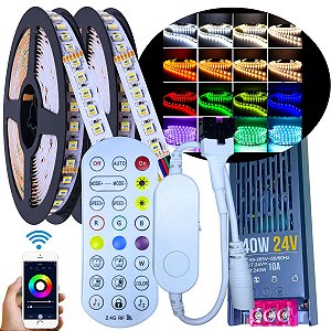 KIT 10MTS Fita LED RGBW+WW 24V Analógica 180LEDs 19W /MT IP20 + Fonte SLIM 24Volts + CONTROLADOR BLUETOOTH APP Alto Brilho P/ Perfil Sanca 24Volts