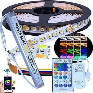 KIT 05MTS Fita LED RGBW+WW 24V Analógica 180LEDs 19W /MT IP20 + Fonte SLIM 24Volts 110v/220v + Controlador WIFI SMART MAGIC HOME PRO Alto Brilho P/ Perfil Sanca 24Volts