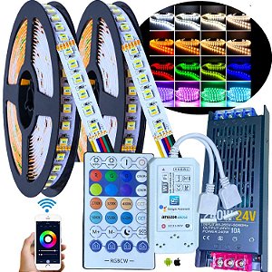 KIT 10MTS Fita LED RGBW+WW 24V Analógica 180LEDs 19W /MT IP20 + Fonte SLIM 24Volts 110v/220v + Controlador WIFI SMART MAGIC HOME PRO Alto Brilho P/ Perfil Sanca 24Volts
