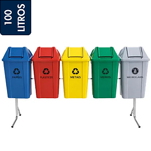 Conjunto de Lixeiras Basculantes para Kit de Coleta Seletiva JSN 5 Cestos 100Litros Vai-Vem