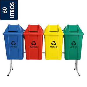 Conjunto de Lixeiras Basculantes para Kit de Coleta Seletiva JSN 4 Cestos 60 Litros Vai-Vem