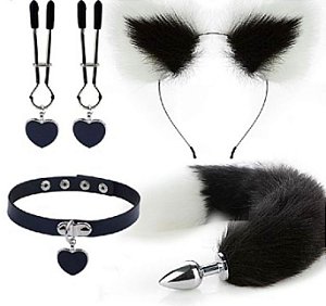 Kit Preto e Branco Plug Gargantilha Grampo de Mamilo Tiara