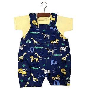 Macacão Jardineira Bebê Mundo Safari Amarelo com Azul Bic