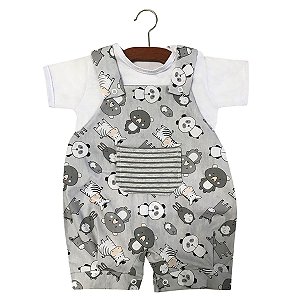 Macacão Jardineira Bebê Amiguinhos Animais Branco com Cinza