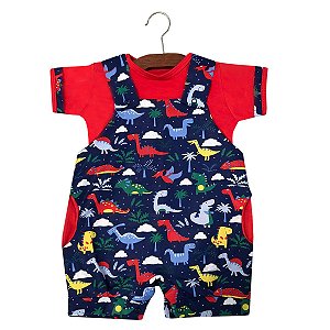 Macacão Jardineira Bebê Dinossauros Azul Bic com Vermelho