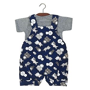 Macacão Jardineira Bebê Amiguinhos Animais Azul Marinho com Cinza