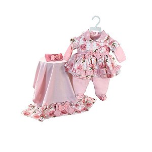 Saída Maternidade Gola Boneca Bebê Florido Menina 3 Peças