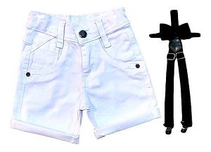 Bermuda Infantil com suspensório e gravata borboleta Branco/Preto