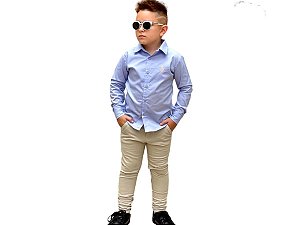 Conjunto Infantil Masculino Camisa Azul Claro + Calça Bege - Pó-Pô-Pano