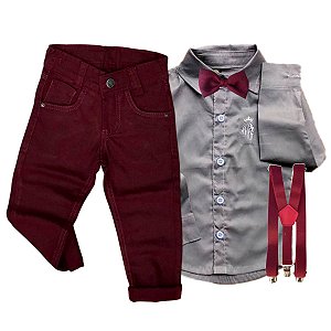 Roupa Masculina Infantil Camisa Social + Calça + Suspensório e Gravata -  Pó-Pô-Pano