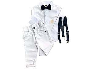 Roupas Infantil Menino Social Batizado Branco Kit Suspensório Azul-Marinho P M e G 1 Ao 8