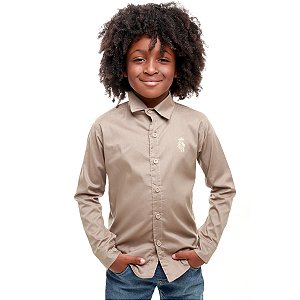 Camisa Social Masculina Infantil Manga Longa Marrom Tamanho 1 ao 8