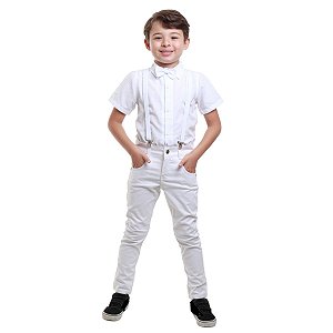 Roupa Masculina Social Juvenil Camisa Calça Susp Bege 10 12 14 16 -  Pó-Pô-Pano