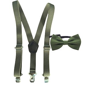 Kit Suspensório Juvenil e Gravata Borboleta Verde Oliva 10 ao 16