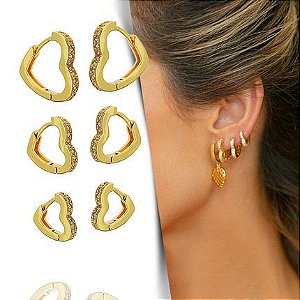 BRINCO TRIO DAIANY HANK ARGOLAS CORAÇÃO CRAVEJADAS DOURADO