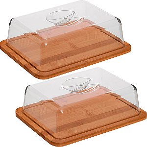 2 Porta Frios Queijo Presunto Pote Alimentos Bambu Com Tampa