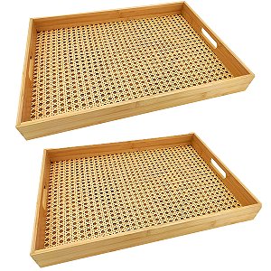 2 Bandeja Retangular Bambu Grande Decorativa Indiana Palha
