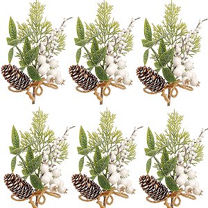 6 Enfeite Decorativo Natal Luxo Azevinho Galho Branco Nevado