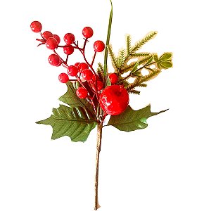 12 Enfeite De Natal Decoração Haste Azevinho Galho Vermelho